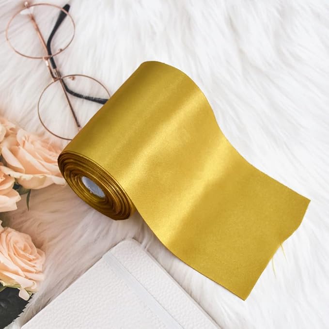 TONIFUL 4 in x 22Yds Wide Dark Gold Satin Ribbon Solid Fabric Large Ribbon for Cutting Ceremony Kit Grand Opening Chair Sash Table Hair Car Bow Sewing Craft Gift Wrapping Wedding Party Decoration