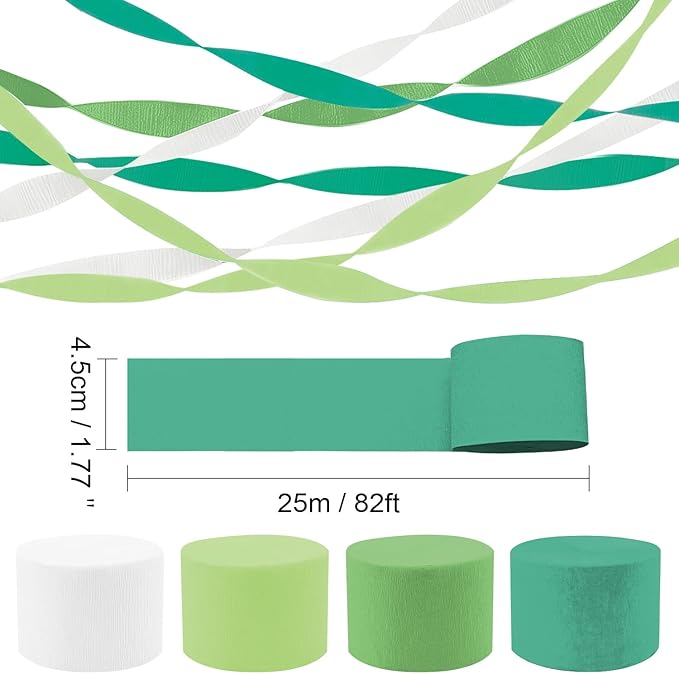 PheiLa Green Party Supplies, 4 Rolls Green and White Crepe Paper Streamers for DIY Gift Wrapping Paper Birthday Baby Shower Wedding Holiday Party Decorations, 1.77 Inch x 82 Ft/Roll, 328ft
