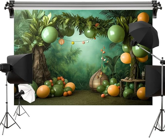 Kate 7x5ft/2.2x1.5m Cake Smash Forest Balloon Backdrop Children Birthday Party Fabric Printed Seamless Background Photography Studio Prop