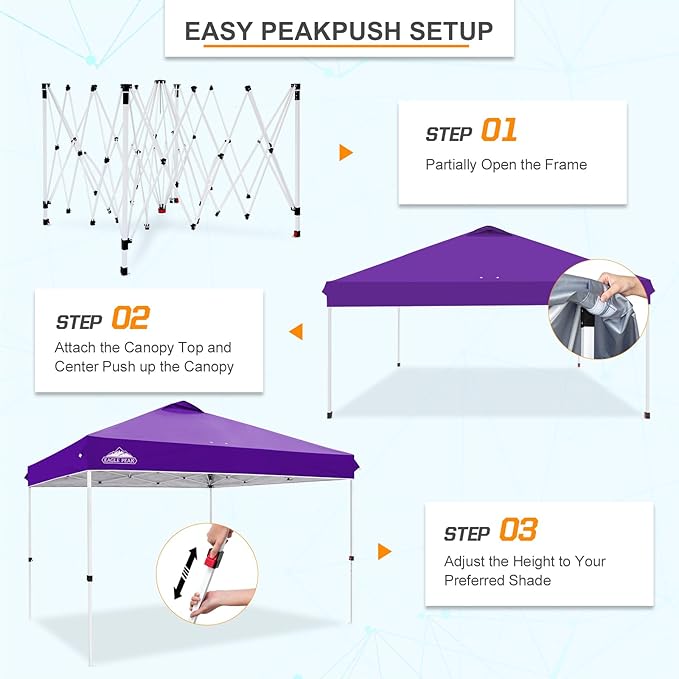 EAGLE PEAK Pop Up Canopy Tent with Wheeled Carry Bag, 8 Stakes, 4 Ropes, 4 Weight Bags, Easy Set Up Tent Canopy, 12x12 ft, 144sqft of Shade, Purple
