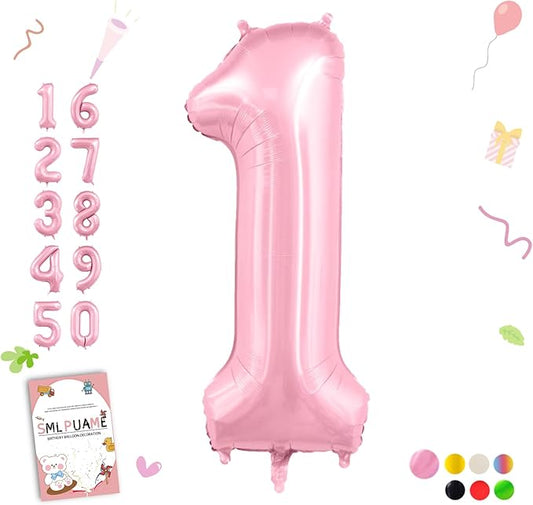 Pastel Pink 1 Balloons, 40 Inch Large Light Pink Foil Number Balloons 0-10, Self-Sealing 1st Birthday Balloon for Girls Women Anniversary Baby Shower Princess Party Decorations Supplies