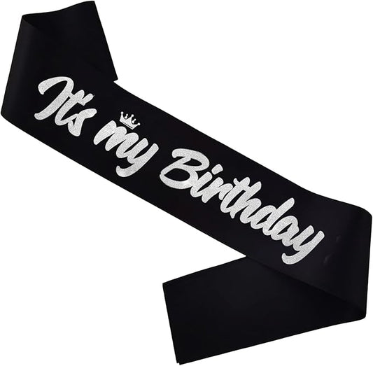 It's My Birthday Sash Black with Glitter Silver Letters Happy Birthday Sash for Women Men Boy Girl Bday Gift Ideas Party Favors
