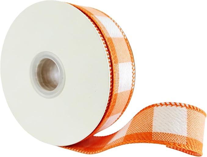 Meseey 7/8 Inch x10 Yards Orange White Gingham Plaid Buffalo Check Wired Ribbon for Easter Spring Fall Christmas Holiday Party Crafts