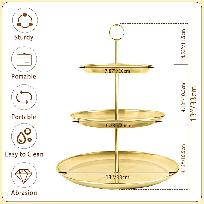 3 Tier Gold Cupcake Stand Stainless Steel Dessert Display Rack with Removable Tiered Tray for Parties,Weddings,Birthdays,Decorations,Any Festivals and Festivities(Stainless Steel Pole)