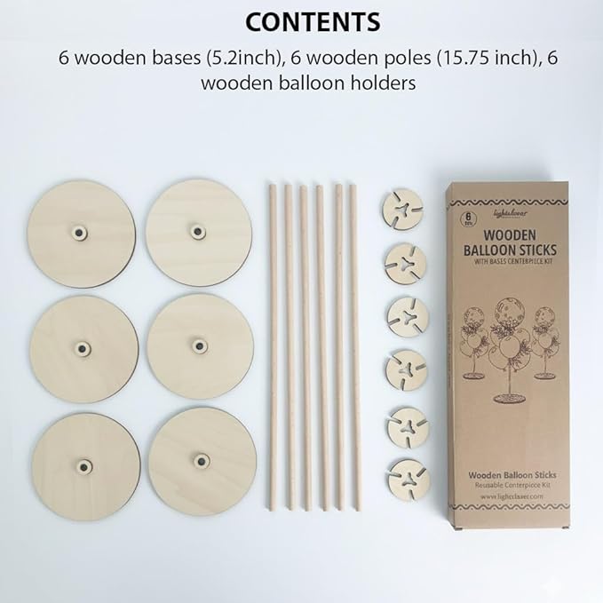 Lightsfever - 6pc Balloon Stand Centerpiece, 15.75 inch Reusable Wood Balloon Tabletop Stand with Sticks and wide Base for Partys, Rustic Wedding Decorations