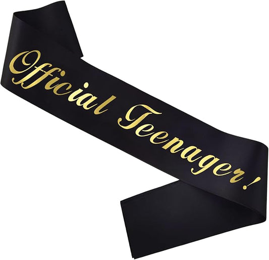 Gold Foil 'Official Teenager' Black Birthday Sash for Boy, 13th Birthday Sash for Bday Party Decorations Gifts Favors