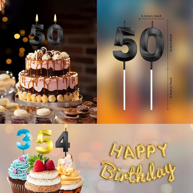 50th Candles, 50th Birthday Cake Topper with 50 Candles, Black Birthday Candles for Men & Women, 50 Birthday Decorations for Women Men