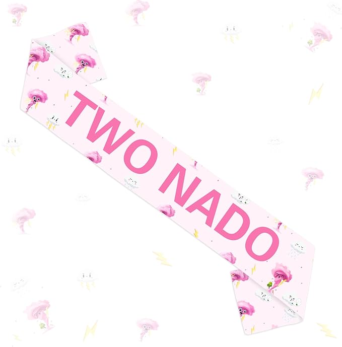 Tornado Birthday Party Decoration Pink Two Nado Birthday Satin Sash Weather Theme Happy Birthday Party Favor for Funny Happy Bday Gift Supply Photo Prop