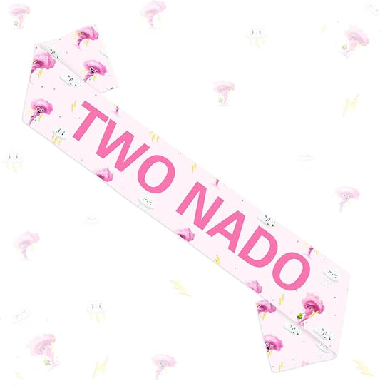 Tornado Birthday Party Decoration Pink Two Nado Birthday Satin Sash Weather Theme Happy Birthday Party Favor for Funny Happy Bday Gift Supply Photo Prop