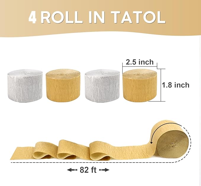 4 Rolls Crepe Paper Silver Gold Streamers – Perfect for Streamers Party Decorations, Wedding, Birthday, Colored Decor, and DIY Craft Supplies(1.8 Inch x 82 Ft/Roll)