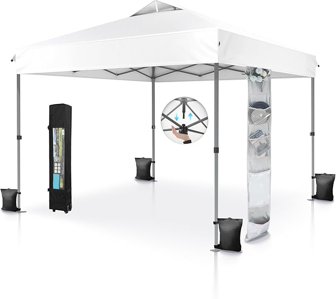 MFSTUDIO 10x10 Pop up Canopy Tent, Gazebo Shelter Sun Shade Canopies One Push Setup Portable Popup Easy Set up Tents with Vented Top,Storage,4 Sandbags,for Beach,Parties,Camping