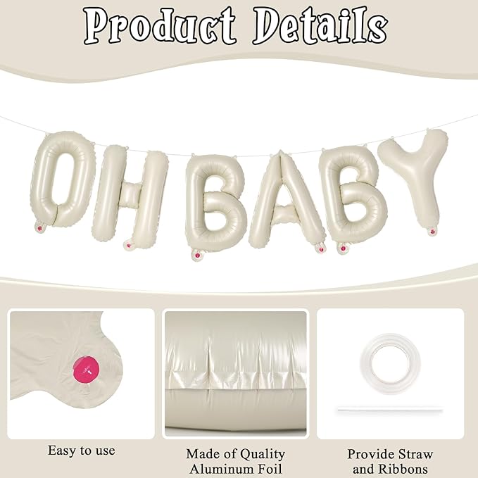 Cream Oh Baby Balloons Letters,16 Inch Beige OH BABY Balloon for Baby Shower, Baby Letter Balloons for Gender Reveal Decorations (Cream)