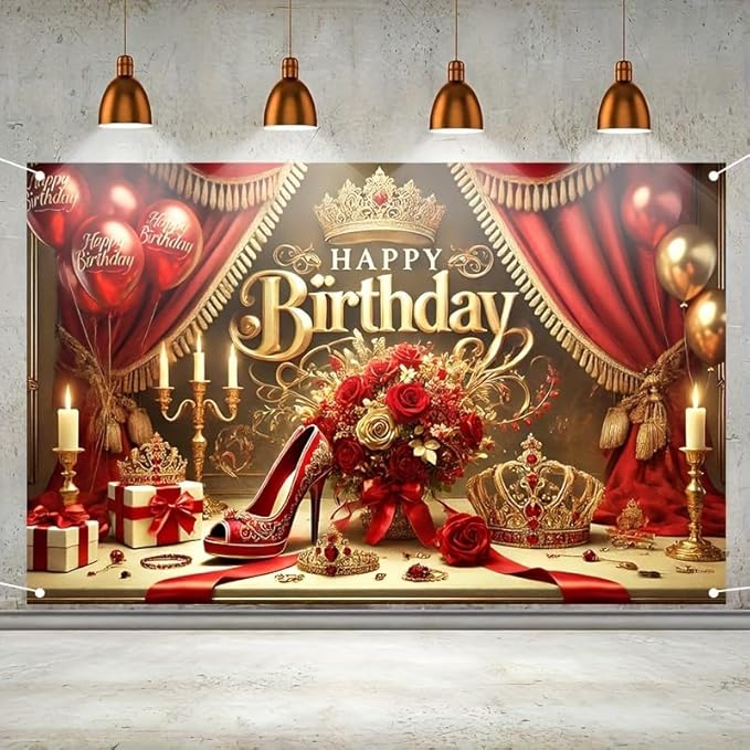 Royal Birthday Party Banner 71x43 Inch Double Sided Outdoor Decoration with CrownRed Rose and High Heel Design for Elegant Birthday Celebration Queen Party Supplies