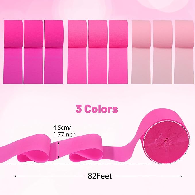 Pink Crepe Paper Streamers 9 Rolls 738ft, Pink Streamers Birthday Decorations for Wedding Mother's Day Baby Shower Holiday Party Decor, 1.77 Inch x 82 Ft/Roll