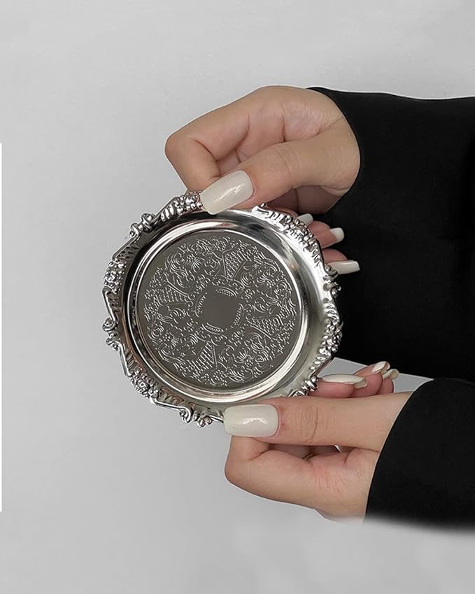 Round Decorative Tray 3.9in Metal Dessert Plates Vintage Coffee Table Tray for Snacks Fruit Silver