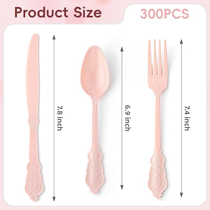 300PCS Heavy Duty Pink Plastic Silverware, Pink Plastic Cutlery Set, Disposable Flatware Includes 100 Forks, 100 Spoons, 100 Knives for Party, Wedding, Baby Shower, Easter and Mother's Day