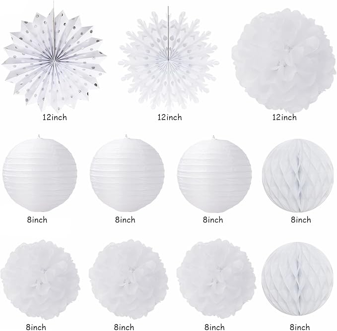Winter-Wonderland Christmas-Snowflake White Party-Decorations - 21pcs Wedding Baby Shower Snow Banner,Paper Lanterns Honeycomb Streamers,Tissue Pom Poms Flower Fan,Classroom Hanging Decor Huglony