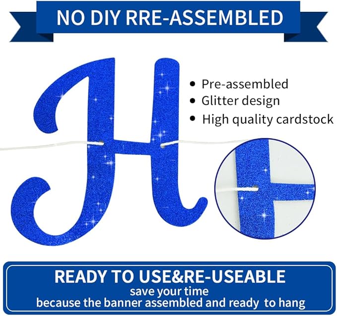 BEISHIDA Happy Birthday Banner - NO DIY,Blue 10Feet Pre-Strung-Glitter Birthday Sign Garland Backdrop Decorations for Women men Party