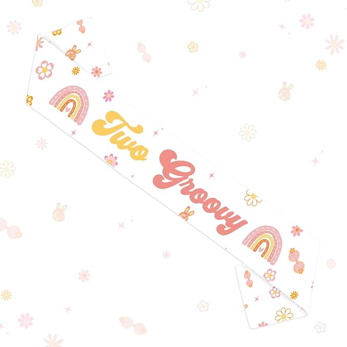 Boho Groovy 2nd Birthday Party Favor Two Groovy Birthday Sash Retro Hippie Boho Bday Decoration for Daisy Flower Happy 2 Year Old Bday Girl Retro Hippie 2nd Party Supply Gift