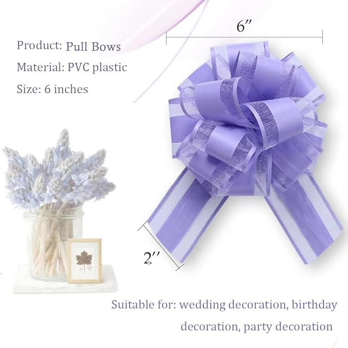 6 PCS Large Pull Bow,Light Purple gift Bow,6 inches,Christmas, party birthday gift wedding ribbon bows for wrapping boxes or flower decorations, Valentine's Day gift decorations(Light Purple)