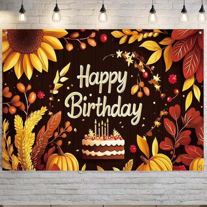 Happy Birthday Porch Banner 71x43 Inch, Large Autumn Theme Backdrop with Sunflowers ActFirst Pumpkins Leaves and Cake, Birthday Party Decorations for Indoor Outdoor Yard Patio