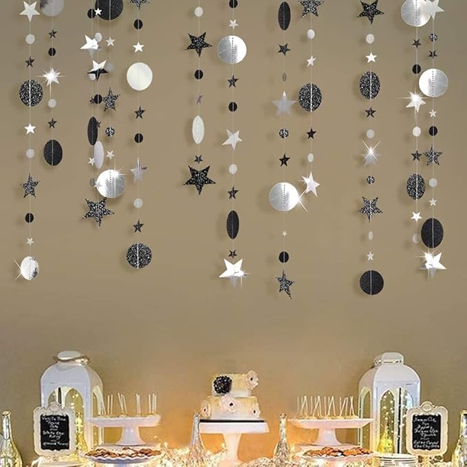 Cheerland Twilight Birthday Decoration Black Silver Moon Garland Full Moon Star Streamer Gothic Party Decor Garland Ramadan Eid Mubarak Glitter Banner Celestial Baby Shower Summerween Halloween
