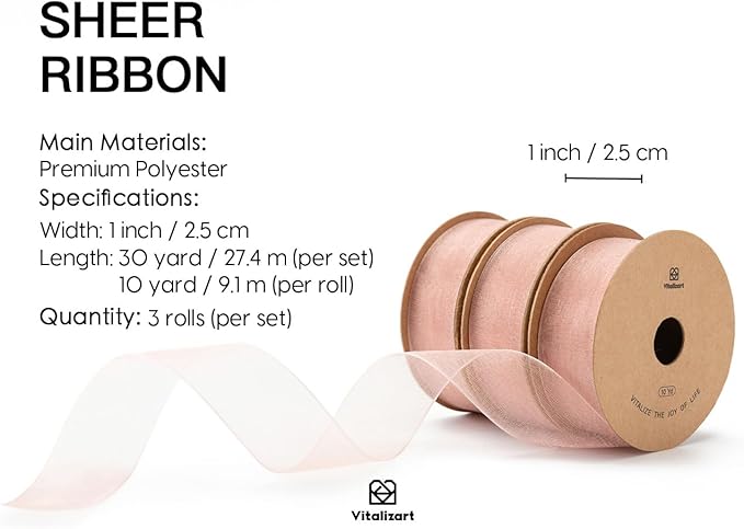Vitalizart Rose Gold Ribbon Organza Sheer Ribbon 1 inch x 30Yd Handmade Fabric Light Pink Ribbons for Gift Wrapping Christmas Tree Crafts Bows Wedding Invitations Wreaths Wrap