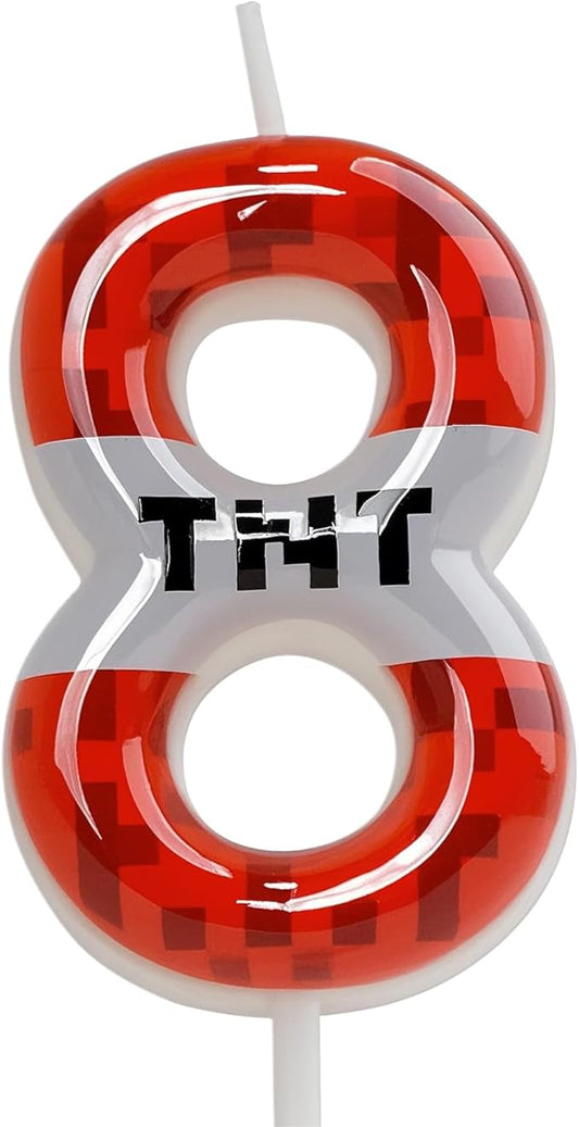 TNT Themed Birthday Candles for Boys Girls, Craft Pixels Cake Topper,Number 8 TNT Cake Toppers，Pixel Birthday Cake Candle,Kids Themed Birthday Party Supplies (Number 8)