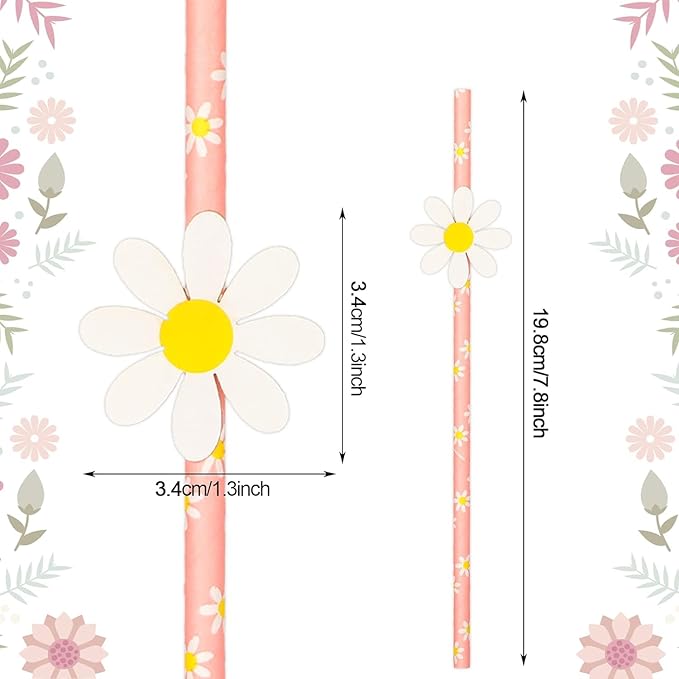 Disposable Daisy Paper Straws - Floral Straws for Kids Birthday Party Supplies Daisy Decorations Bridal Shower, Daisy Baby Shower, Wedding Party, Engagement, Birthday Party 20Pcs（Pink）