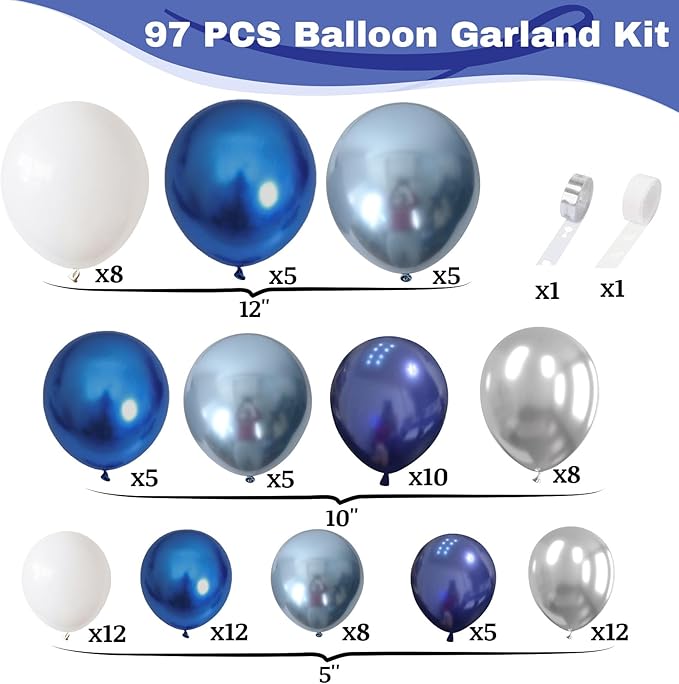 Blue White Silver Balloon Arch Kit, Navy Blue Silver White Balloon Garland with Metallic Dark Blue Light Blue Silver Balloons for Boys Men Birthday Baby Shower Graduation Wedding Party Decorations
