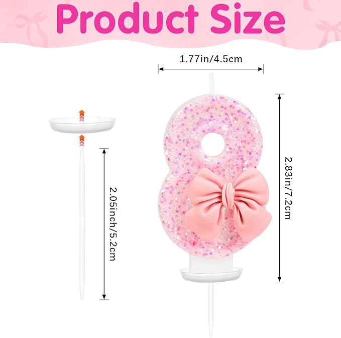 Pink Bow Number 8 Birthday Candle, Glittering Candles Birthday Cake Topper, Princess Themed Party Decor for Girls and Women Anniversary Party Supplies
