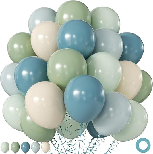 Sage Green Dusty Blue Balloons, 60Pcs 12 Inch Sage green Dusty blue Light Green Blue Sand White Balloons for Boho Baby Shower Bridal Shower Gender Reveal Anniversary Birthday Party Decorations