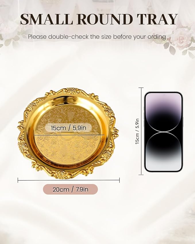 Gold Decorative Tray Set of 2, 8'' Round Vintage Metal Vanity Tray for Perfume, Small Ornate Jewelry Dish, Bathroom Counter Organizer, Coffee Table Decor