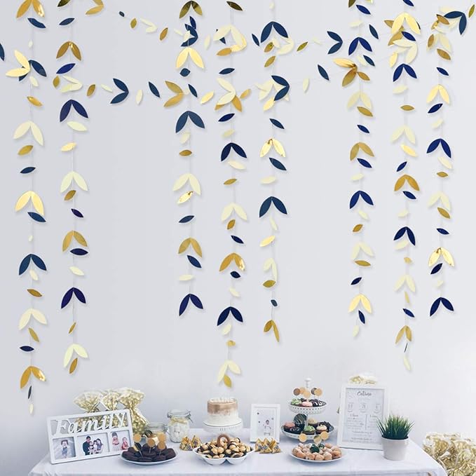 52 Ft Navy Blue Gold Party Decorations Royal Blue Gold Leaf Garland Paper Hanging Leaves Streamer Banner for Spring Birthday Bachelorette Engagement Anniversary Wedding Bridal Shower Party Supplies