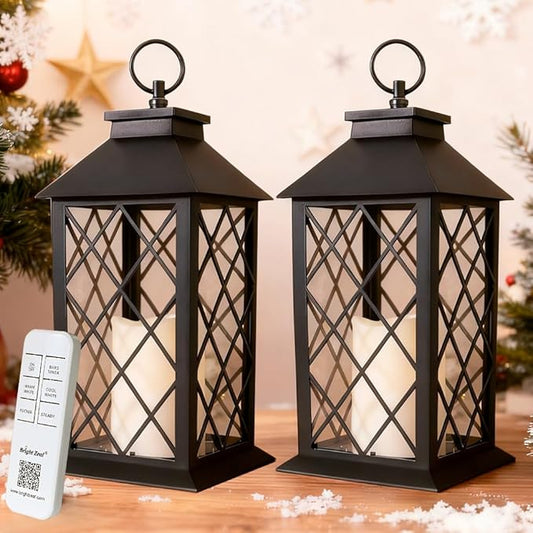 2-Pack 13.5" Candle Lanterns Outdoor Waterproof Decorative Lights with Timer Remote - Decorative Indoor LED Lanterns Battery Operated - Cool White Vintage Lantern Outdoor