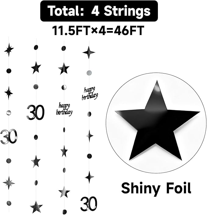 GCQQ Black 30th Birthday Decorations - 46FT Happy 30 Circle Dot Birthday Star Garlands 4Packs Dirty 30 Year Old Paper Hanging Streamer Banner Backdrop for Men Women Anniversary Party Decor