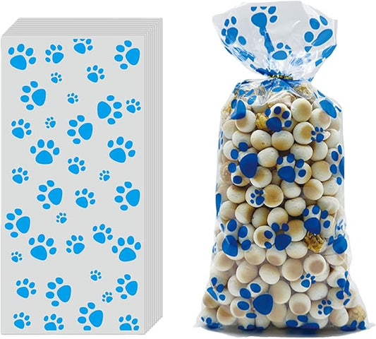 EatnMgan 200Pcs Dog Paw Print Cellophane Treat Bags,Cellophane Bags,Party Favor Gift Bags with 220Pcs Twist Ties for Pet-Themed Parties, Snacks, Candy, and Cookie Packaging (Blue)