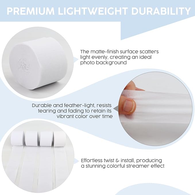4 Rolls Crepe Paper White Streamers – Perfect for Streamers Party Decorations, Wedding, Birthday, Colored Decor, and DIY Craft Supplies(1.8 Inch x 82 Ft/Roll)