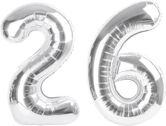 Number Balloon 26 Silver, Foil Happy 26th Birthday Balloon for Men & Women,40 Inch Large Balloons for 2 6 26 62 2026 Wedding Marriage Proposal Engagement Decorations
