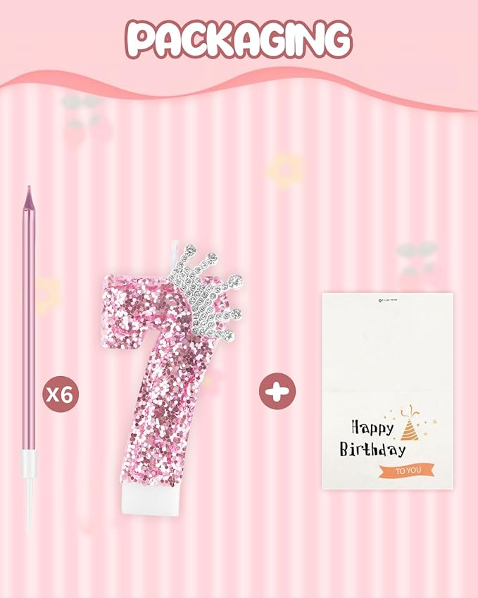 Birthday Candles for Cake, Pink Number Candles, Cake Candles with Greeting Card for Birthday Party Wedding Anniversary Celebrations (7 Candle, Silver Crown)
