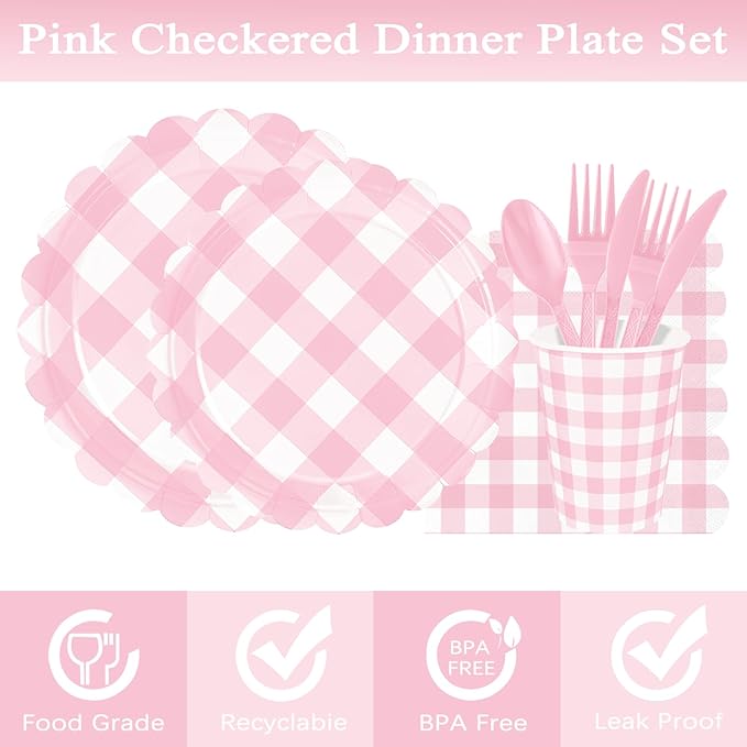 175 Pcs Pink Scalloped Gingham Party Supplies for 25 Guests, Pink and White Checkered Paper Plates, Cups and Napkins Sets for Baby & Bridal Shower, Wedding, Birthday Party, Outdoor Picnic