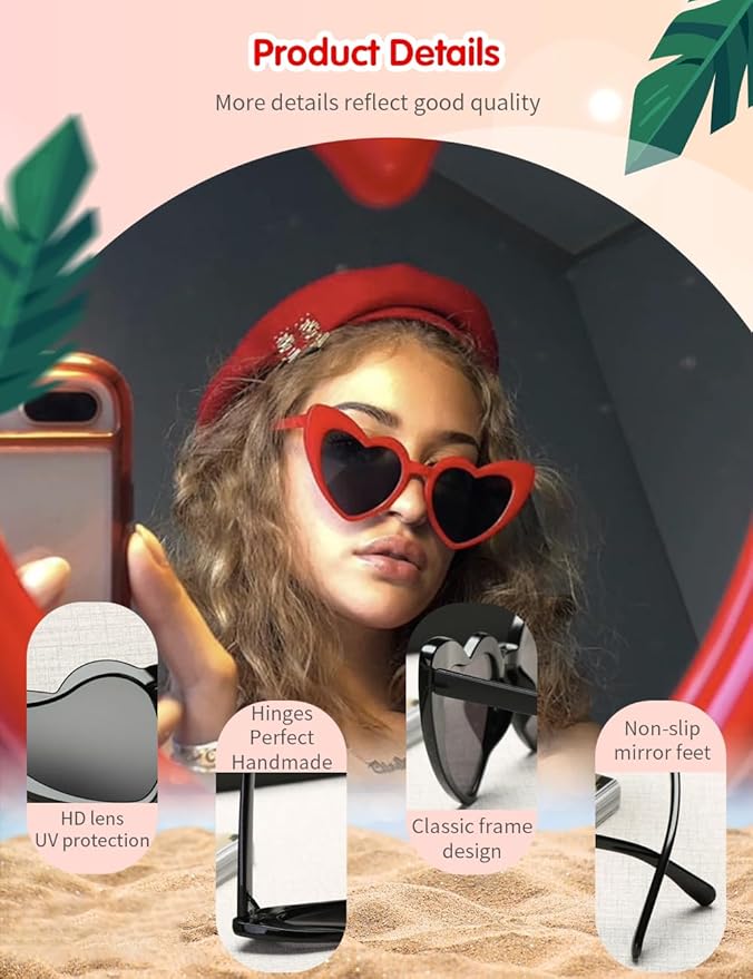 LOHO MAGICA Women Fashion Heart Sunglasses 12 Pack Heart Shaped Sunglasses for Women Vintage Love Cat Eye Retro Glasses