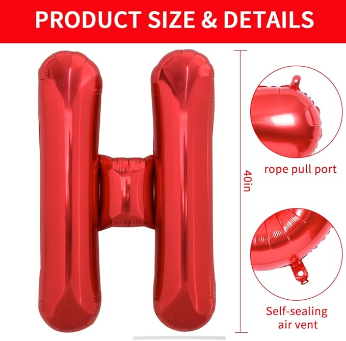 TONIFUL 40 Inch Large Bright Red Letter Balloons A-Z, Giant Jumbo Helium Foil Mylar Big Letter H Balloons for Birthday Party Anniversary Wedding Decorations