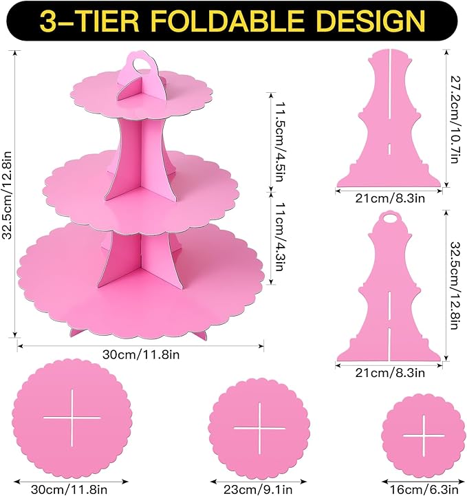 Soleebee 3-Tier Cupcake Stand, Cardboard Cupcake Tower, Dessert Cup Cake Stand Tower for Birthday Wedding Party Decoration, Cupcake Tier Stand 2 Set (Hot Pink)