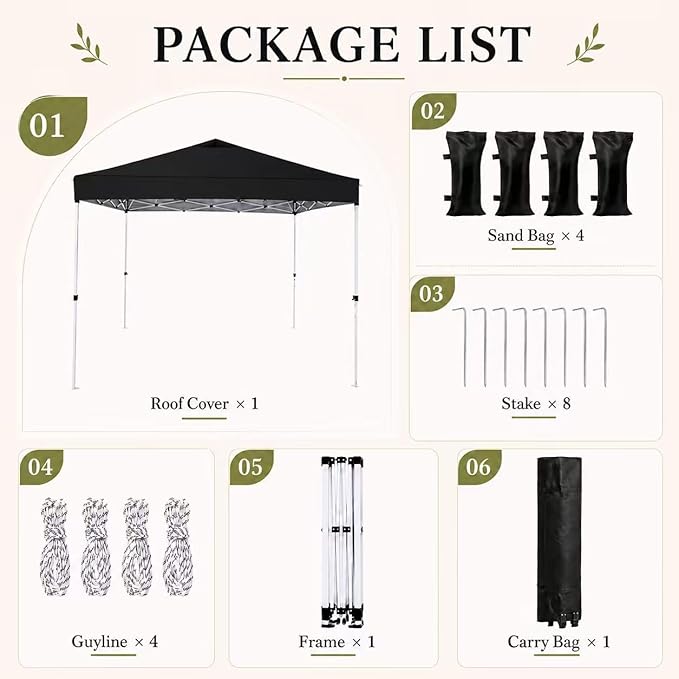 10x10 Pop Up Canopy Tent, Waterproof UV Blocking Heavy Duty Steel Frame with Wheeled Bag & Sandbags, One-Person Setup, Ideal for Outdoor Beach, Party, Camping, Backyard, Tailgate Events (Black)
