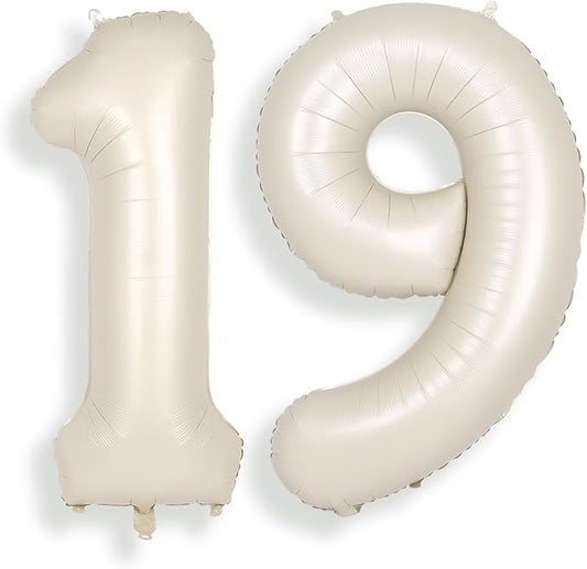SUWEN 40 Inch Cream White Large 19 Number Balloons Big Foil Helium Number Balloons 0-9 Jumbo Happy 19th Mylar Birthday Party Decorations for Boy or Girl 91 Anniversary Party Supplies