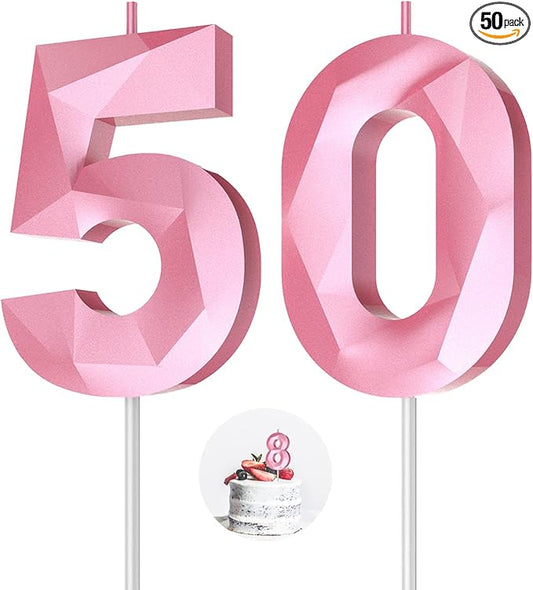 Number Birthday Candles(50 Candle Pink) 3D Diamond Shape 50th Happy Birthday Cake Topper Decorations for Women Men Birthday Wedding Anniversary Celebration Theme Party Supplies