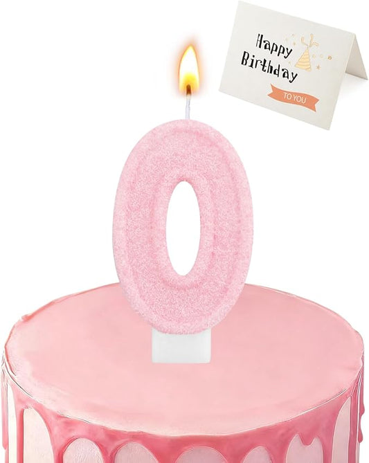 Birthday Candles for Cake, Pink Number Candles, Cake Candles with Greeting Card for Birthday Party Wedding Anniversary Celebrations (Bright Pink 0 Candle)