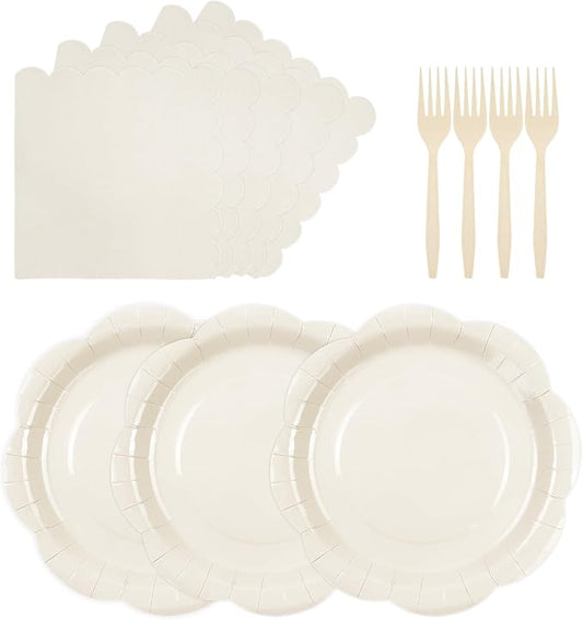 75 PCS Ivory Paper Plates and Napkins Party Supplies, Cream Scalloped Plates Napkins Forks Disposable Tableware Set for Bridal Baby Shower Wedding Birthday Party Decorations (Ivory)