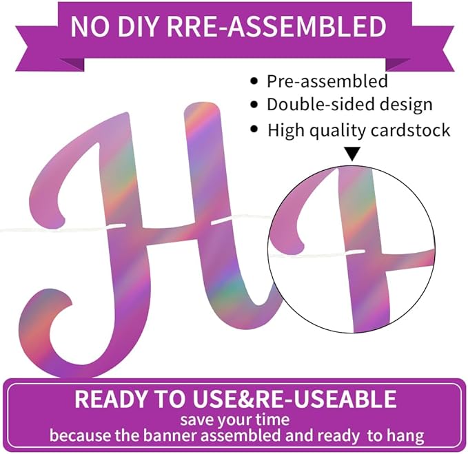 BEISHIDA Double-Sided Rainbow Purple Happy Birthday Banner - NO DIY,10Feet,Pre-Strung Birthday Party Decorations Birthday Backdrop Sign Garland Happy Birthday Decorations for Women